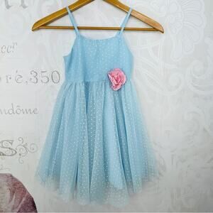 H&M Light Blue Polka Dot Dress With Pink Flower Girls US Size 5-6 Youth